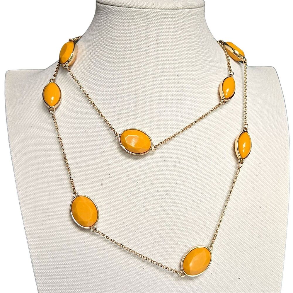 C1946 Pumpkin Orange Oval Bead Station Long Layering Gold Tone Necklace 39"